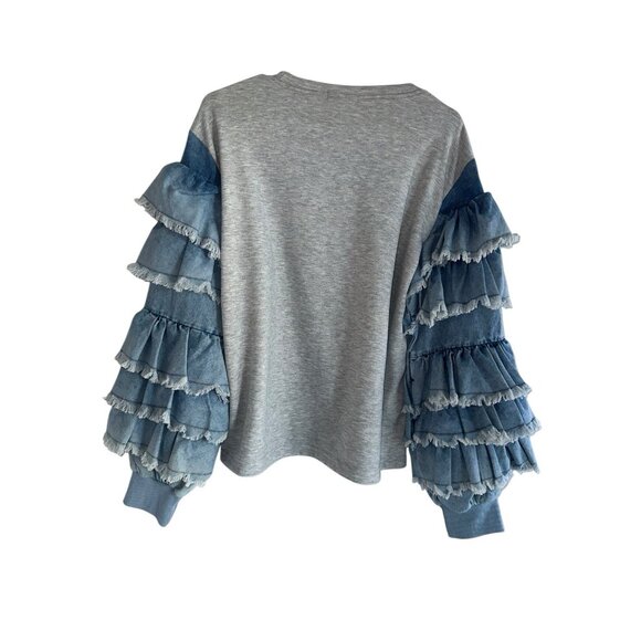 NWT La Ros Womens Denim Sleeve Sweatshirt Pullover Top Sz M Gray Blue - Picture 3 of 6